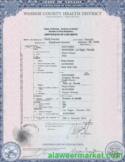 USA Nevada state birth certificate template in PSD format